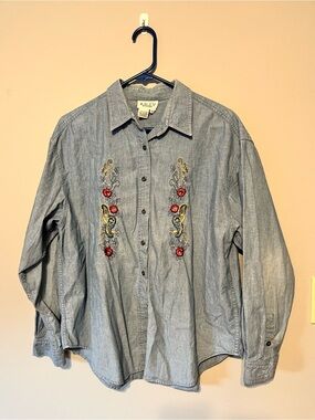 Russ Chambray Button-Down Shirt with Red Floral Embroidery grandma teacher core